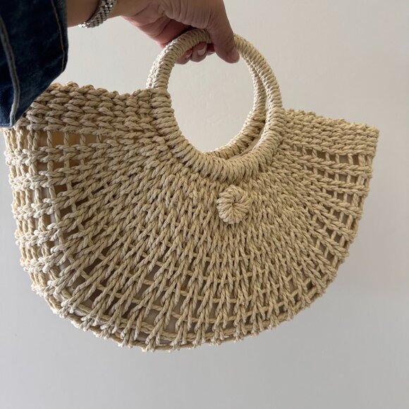 NEW Beige Bamboo Woven Semicircle Tote Handbag - Picture 8 of 12
